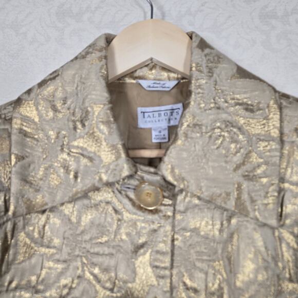 VTG Talbots Collection Cropped Jacket 10 Gold Metallic Jacquard Italian Fabric - Picture 7 of 16